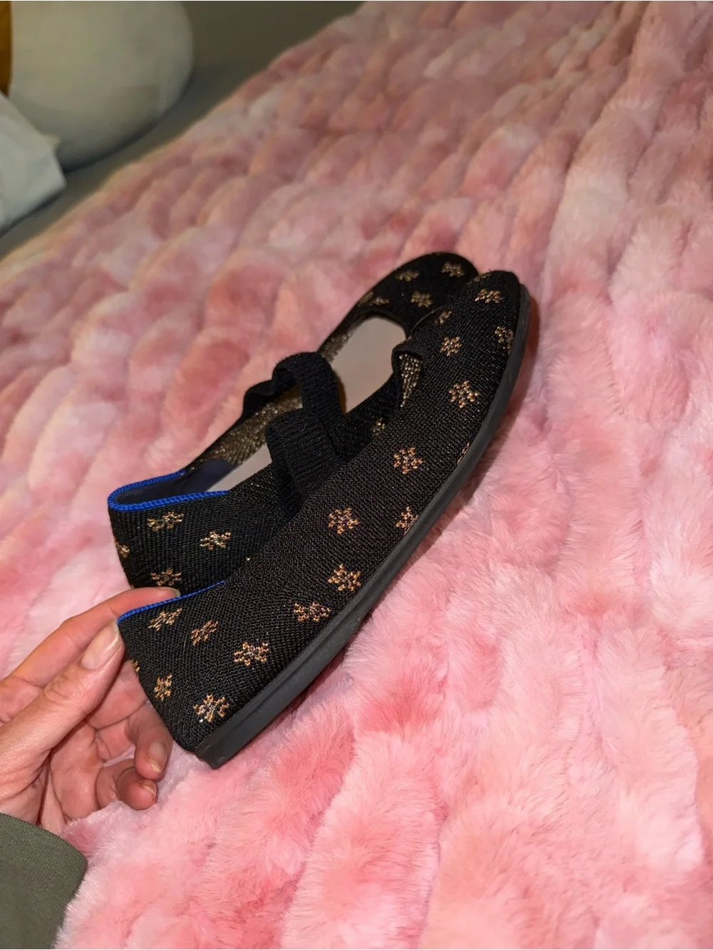 Rothy's Black Knit Mary Jane Flats with Gold Floral Dots and Blue Trim